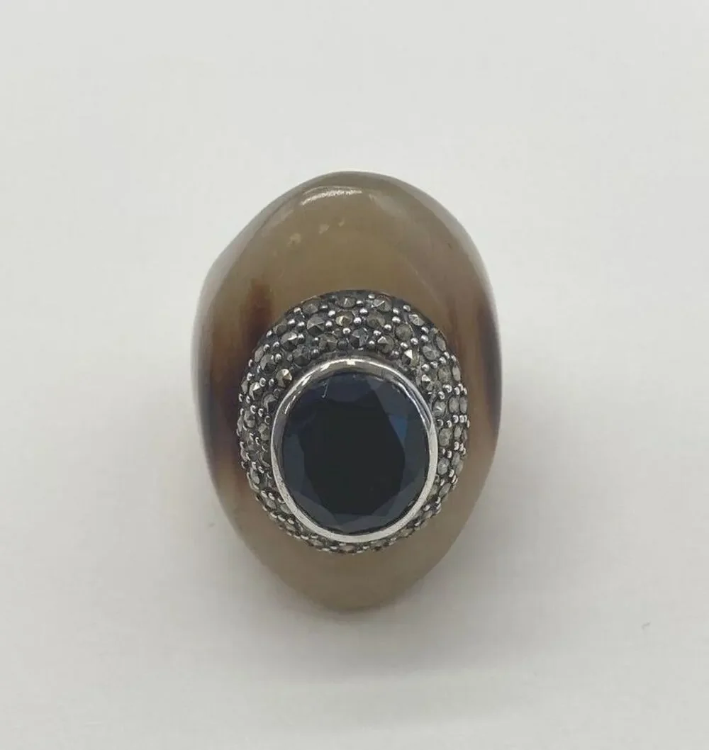 925 Sterling Silver Ring Black Onyx Ring Marcasite Buffalo Horn Art Deco Sz 6